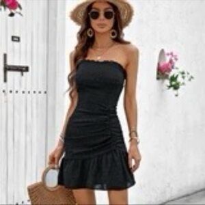 Black Strapless Ruched Ruffle Mini Bodycon Dress Sleeveless zipper back Small
